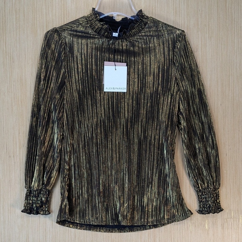 Alex & Parker Modest Glam Festive Pleated Mock Neck Top Size S Gold Metallic NWT